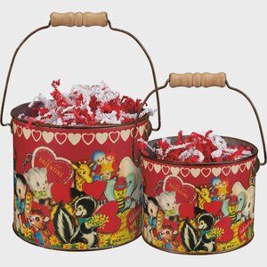 Vintage Style Valentine Cards Animals Metal Decorative Buckets Set of 2